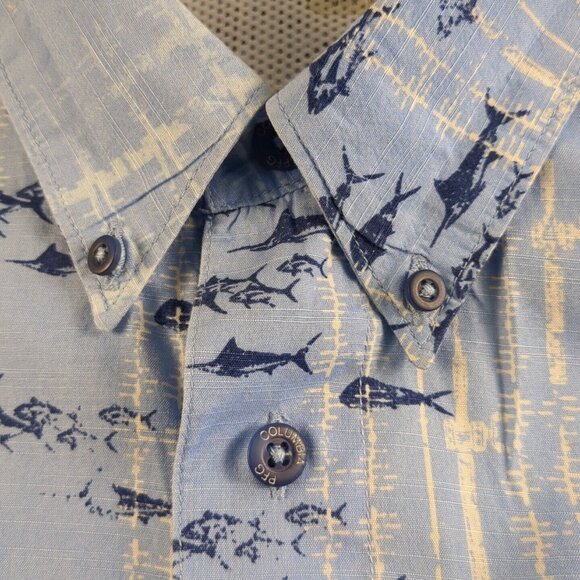 Columbia Mens PFG Shirt L Blue Button Up Fishing Short Sleeve Marlin Tuna Fish - Picture 6 of 13